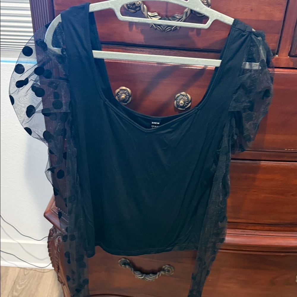 SHEIN Black Top with Sheer Polka Dot Sleeves